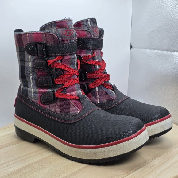 UGG Women’s Decatur Plaid Boots Waterproof Black/Red Size US 8 S/N 1001742 - Picture 5 of 10
